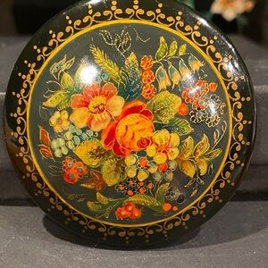 Russian Hand Painted Signed Floral Brooch with Gold and Orange Accents